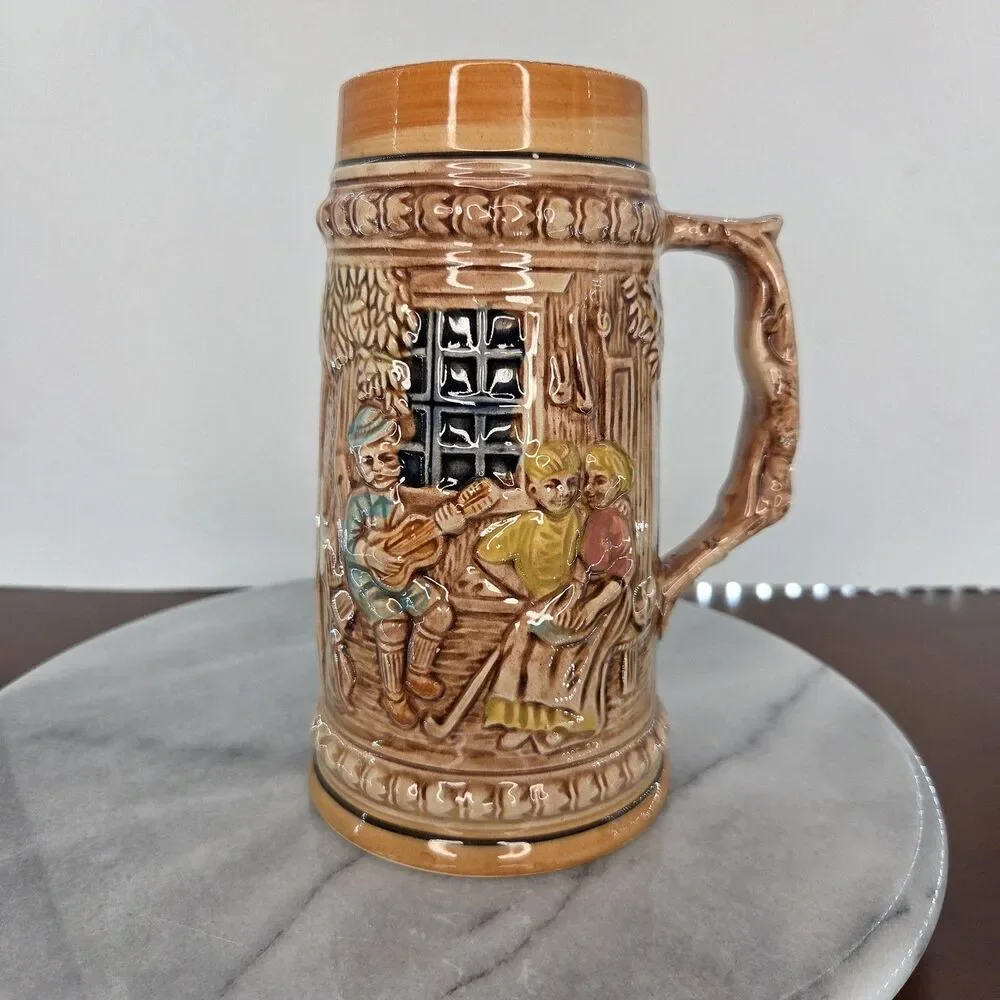 Vintage Made in Japan Beer Stein Tankard Relief Liebundlied Froh Gemut 3D Scene